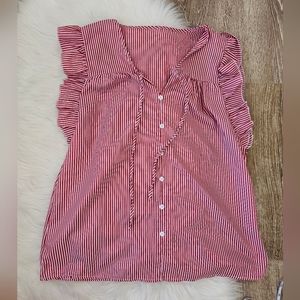 Red & white stripe v-neck ruffle blouse size XL